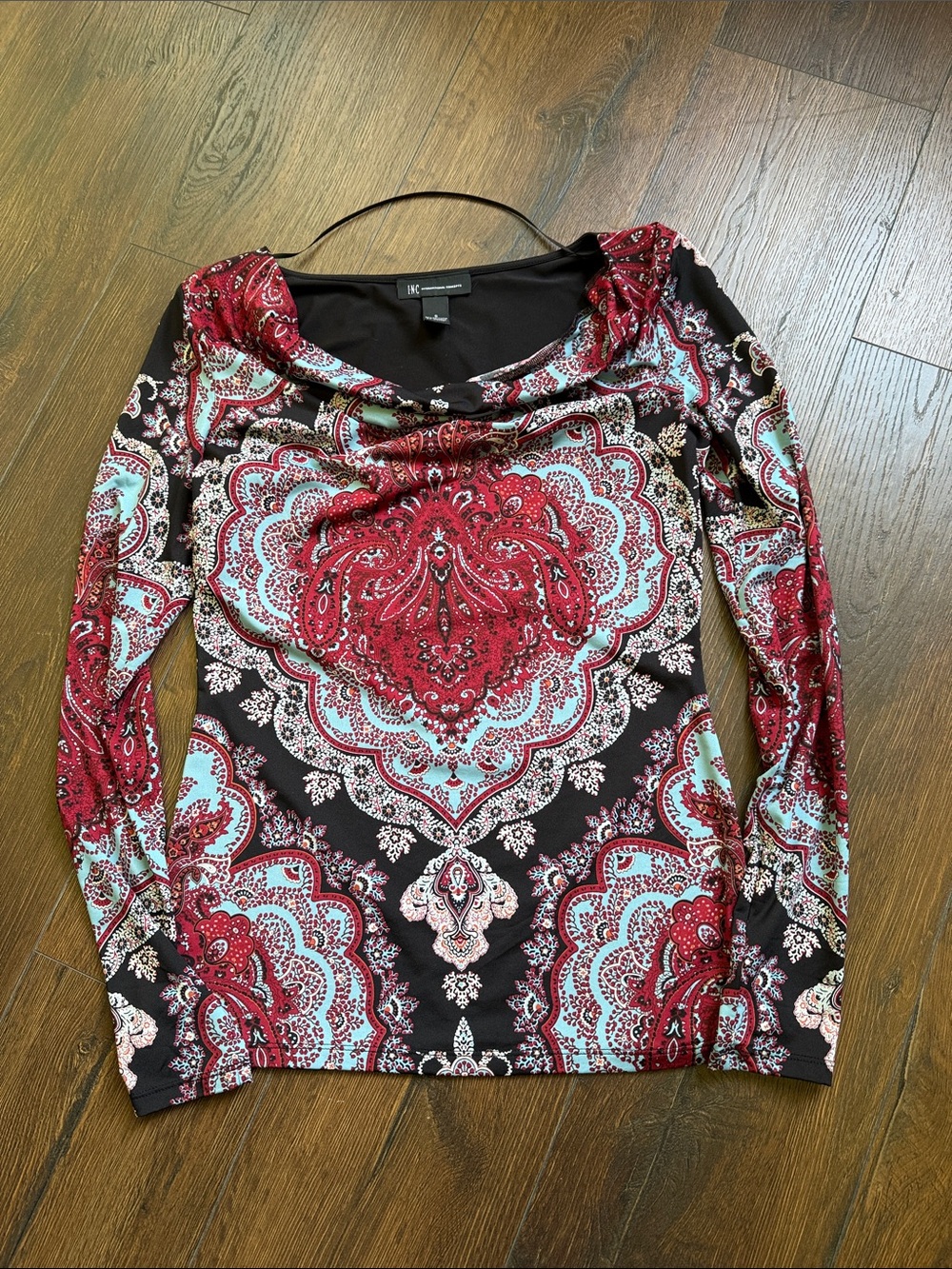 Long Sleeve Printed Cowl Neck Top - Red Paisley
